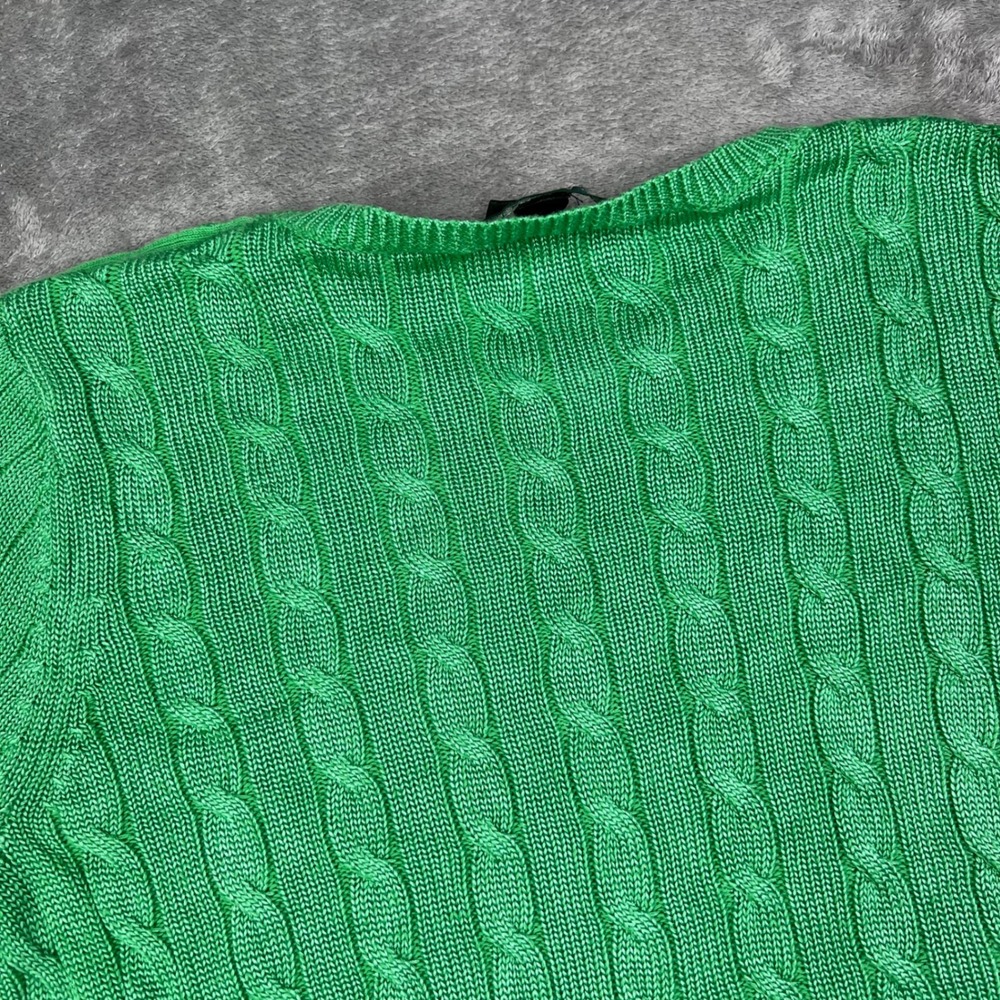 Lauren Ralph Lauren Cable Knit Sweater Womens Medium Green Gold Button Shoulder - Picture 8 of 8
